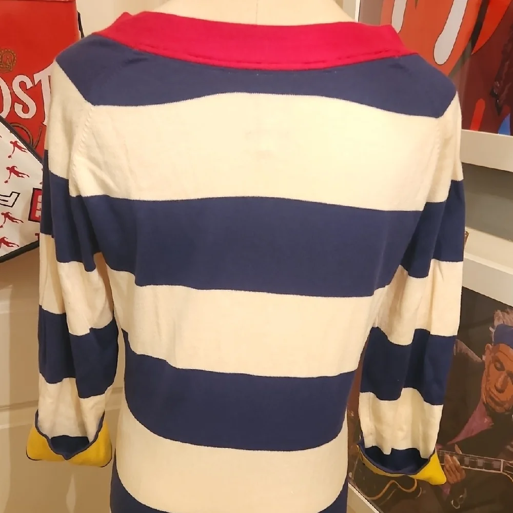 Joules Blue and Cream Striped Sweater with Pink and Yellow Accents - Picture 2 of 6